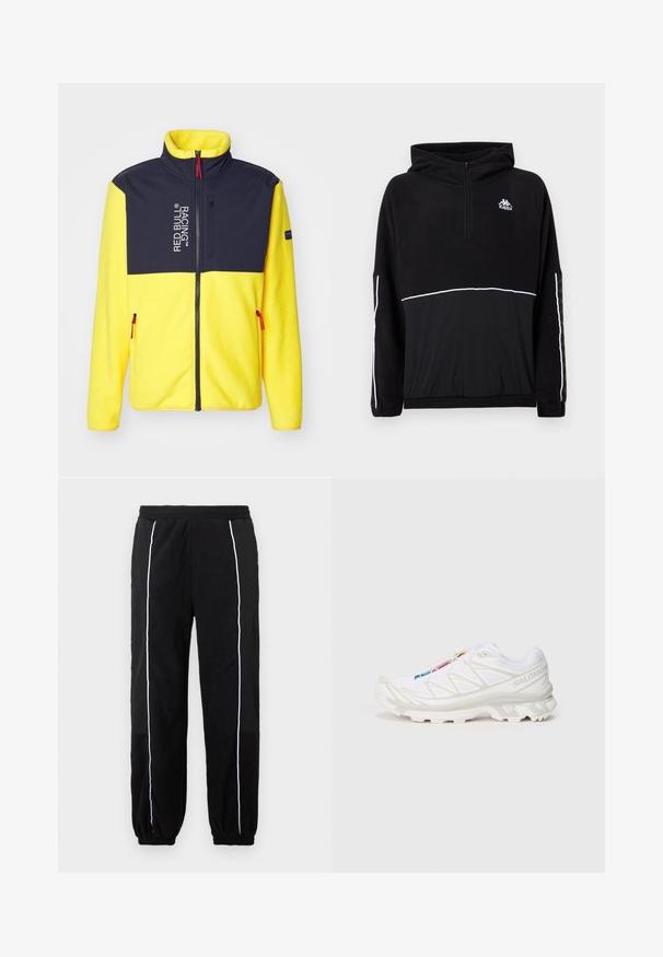 Kurtka polarowa z wysokim kołnierzem, żółtym korpusem, granatowymi ramionami i czerwonymi akcentami zamka błyskawicznego. Posiada logo oraz boczne kieszenie na zamek.; Czarna bluza polarowa z zamkiem błyskawicznym do połowy, kapturem i białą linią akcentową. Logo nadrukowane na klatce piersiowej; posiada elastyczne mankiety i dół. Miękka tekstura.; Czarne dresy z białymi paskami po bokach, elastycznym paskiem w talii i ściągaczami. Wykonane z miękkiego, teksturowanego materiału zapewniającego komfort i elastyczność.; Białe buty sportowe z teksturowaną siateczką, odblaskowymi akcentami i wyprofilowaną podeszwą. Zauważalne logo marki z boku.
