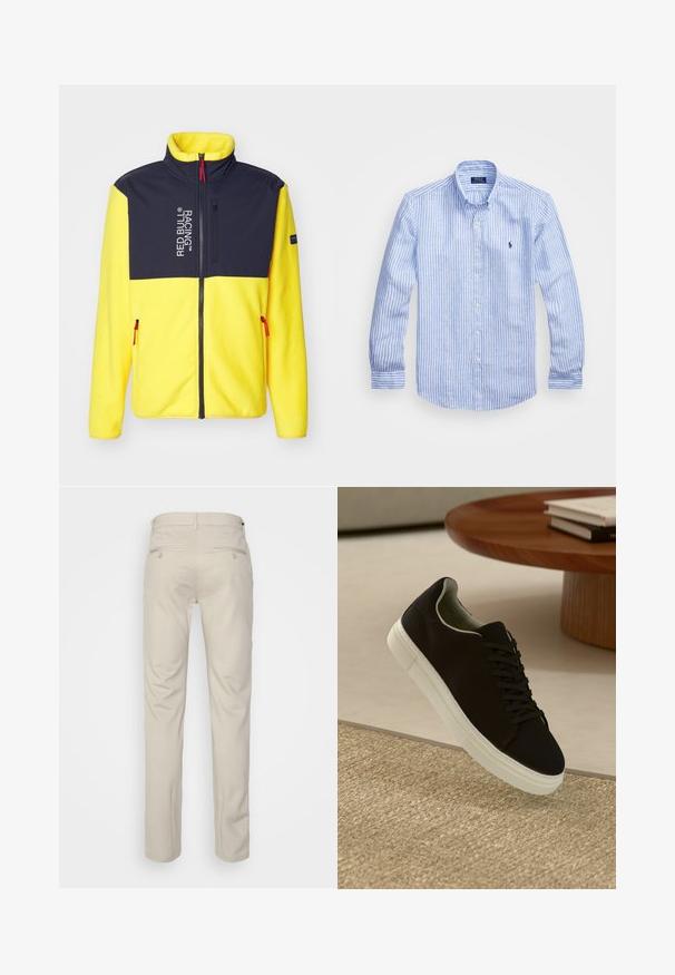 Kurtka polarowa z wysokim kołnierzem, żółtym korpusem, granatowymi ramionami i czerwonymi akcentami zamka błyskawicznego. Posiada logo oraz boczne kieszenie na zamek.; Niebiesko-biała, w paski, koszula z długim rękawem, wykonana z bawełny, z kołnierzykiem zapinanym na guziki, guzikami z przodu oraz małym haftowanym logo na klatce piersiowej.; Beżowe spodnie o gładkiej fakturze, prostym kroju, z dwiema tylnymi kieszeniami z guzikami i standardowym pasem.; Czarny sneaker z białą podeszwą unoszący się nad beżowym, teksturowanym dywanem w pobliżu okrągłego drewnianego stołu z poukładanymi książkami.