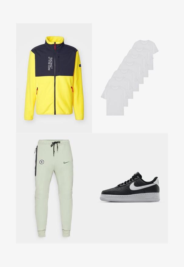 Fleece jacket with a high collar, yellow body, navy shoulders, and red zipper accents. Features a logo and side zip pockets.; White cotton T-shirts, short sleeves, crew neck design, plain texture, stacked in a row, with subtle branding at the neckline.; Light green sweatpants with a fitted design, featuring a Chelsea FC logo and Nike swoosh, side pockets with black accents, and elastic cuffs.; Black leather sneaker with textured surface, white Nike swoosh, gray sole, round toe, and lace-up design. Features perforations on toe box.