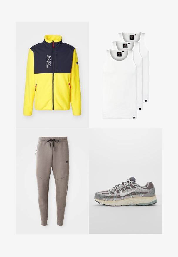 Kurtka polarowa z wysokim kołnierzem, żółtym korpusem, granatowymi ramionami i czerwonymi akcentami zamka błyskawicznego. Posiada logo oraz boczne kieszenie na zamek.; Trzy białe prążkowane koszulki na ramiączkach wykonane z bawełny. Posiadają okrągły dekolt i małe czarne metki blisko dolnego brzegu. Dostępne w różnych rozmiarach.; Szare dresy Nike z elastycznym pasem ze sznurkowym zapięciem, zwężanymi nogawkami, bocznymi kieszeniami i wyraźnymi detalami szwów. Miękka, teksturowana tkanina.; Szare buty sportowe z siateczkowym i zamszowym wierzchem, białymi akcentami, amortyzowaną podeszwą oraz charakterystycznym designem z elementami odblaskowymi.