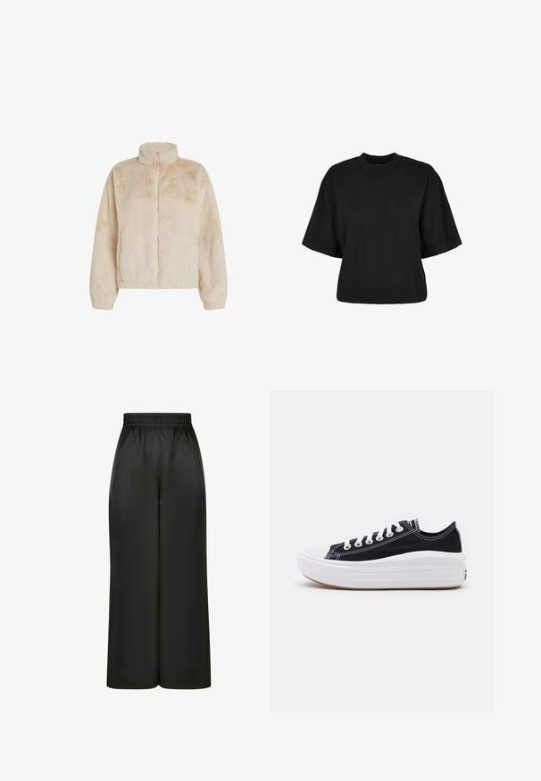 Veste en peluche beige, courte, avec un col montant, fermeture éclair demi-zippée, et des poignets et un ourlet élastiqués. Texture douce avec une finition moelleuse.; T-shirt noir court en coton. Doté de manches courtes et d'un col rond. Texture lisse avec un design simple, sans motifs supplémentaires.; Pantalons larges noirs en tissu lisse et brillant, avec une taille élastique et sans poches ni détails en métal visibles.; Baskets en toile noires avec des lacets blancs, un embout en caoutchouc blanc et une semelle intermédiaire blanche épaisse. Présentent des coutures blanches discrètes et une semelle en gomme.
