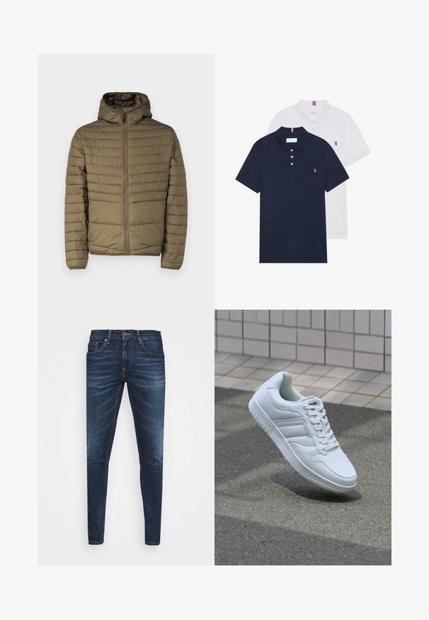 Puffer jacket in olive green, featuring a zip front, hood, and stitched horizontal lines for texture. Lightweight with a smooth finish.; Two polo shirts: one navy blue and one white, both with a small red, white, and blue accent on the chest pocket and collar.; Dark blue denim jeans with a slim fit, subtle fade, five pockets, and a metal button closure. Stitched accents in contrasting color.; White athletic sneaker with smooth leather upper, lace-up front, perforated toe, and patterned sole. Minimalist design with three side stripes.