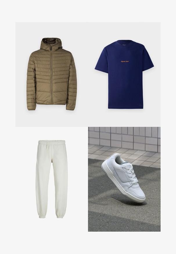 Pufferjakke i olivengrøn med lynlåse foran, hætte og syede vandrette linjer for tekstur. Letvægtig med en glat overflade.; Mørkeblå bomulds t-shirt med korte ærmer. Har et lille, orange broderet logo på brystet. Klassisk crew neck design.; Hvide sweatpants lavet af blødt stof, med elastisk talje og håndled, der har en glat tekstur og løs pasform.; Hvide lædersneakers med perforerede sider, teksturerede detaljer, flade snørebånd og en kontrasterende grå hæl. Har en let forhøjet sål.