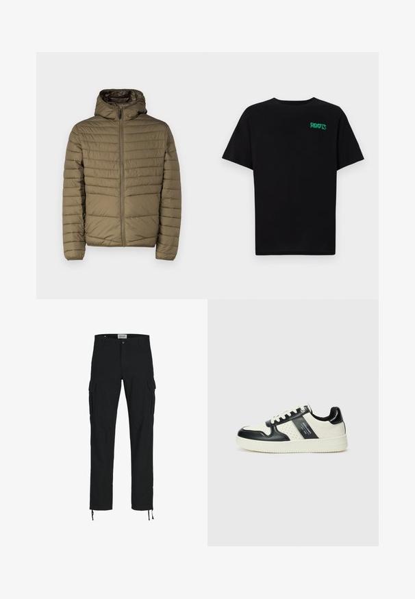 Pufferjakke i olivengrøn med lynlåse foran, hætte og syede vandrette linjer for tekstur. Letvægtig med en glat overflade.; Sort t-shirt lavet af bomuld med korte ærmer. Har et grønt "ROOTS" logo på forsiden, rund halsudskæring og almindelig pasform.; Sorte cargo bukser med lige snit, der har sidelommer, knaplukning og elastiske snore ved anklerne. Fremstillet af slidstærkt stof.; Lædersneakers i sort og creme farveskema, med perforerede detaljer, en polstret krave og en struktureret ydersål.