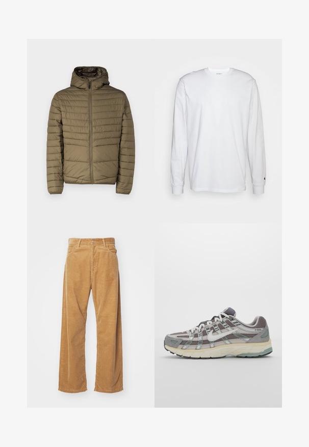 Alyvuogių spalvos pūkinė striukė su užtrauktuku priekyje, gaubtu ir vertikaliai siuvinėtomis linijomis tekstūrai. Lengva, su lygiu paviršiumi.; Balta, ilga rankovė T-maiša, pagaminta iš medvilnės. Apvalios iškirptės dizainas su raukiniais ant rankovių ir nedidelis logotipas ant kairės rankovės. Glotni tekstūra.; Aiviškai platūs šortai tan spalvos. Yra tekstūruoti, vertikalūs briauneliai, standartinė juosmens dalis ir dvi priekinės kišenės.; Pilkas sportinis batas su tinklu ir zomšos viršutine dalimi, baltomis detalėmis, paminkštintu padu ir išskirtiniu dizainu su atspindinčiais elementais.