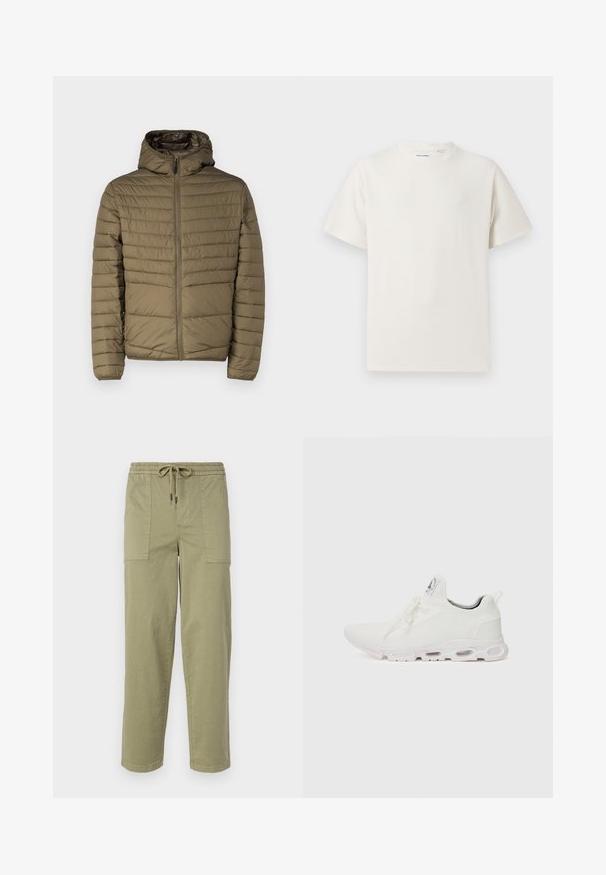 Pufferjakke i olivengrøn med lynlåse foran, hætte og syede vandrette linjer for tekstur. Letvægtig med en glat overflade.; Hvid kortærmet T-shirt i ribbet tekstur. Rund halsudskæring, løs pasform, ingen synlige mønstre eller accenter. Enkel og alsidig design.; Lys olivengrønne bukser lavet af en bomuldsblanding, med elastisk talje med snor og to store sidelommer.; Hvide atletiske sko med en tekstureret strikket overdel, flade snørebånd og en polstret sål med synlige luftkamre for ekstra støtte.
