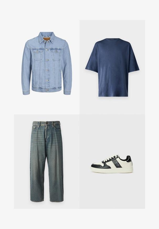 Svijetloplava traper jakna s ovratnikom, kopčanjem na dugmad, dva džepa na prsima, bočnim džepovima i šivanim detaljima duž šavova.; Temno modra kratka majica s kratkimi rokavi, izdelana iz mehkega materiala, ima klasičen kroj ovratnika in sproščen fit, brez vidnih vzorcev ali poudarkov.; Svetlomoderne kavbojke z ohlapnim krojem, srednjim pasom in ravnimi nogami. Imajo pet žepov, zanke za pas in zapiranje na gumb.; Usnjeni športni čevlji z črno in krem barvno shemo, ki vključujejo perforirane dodatke, podložen ovratnik in strukturirano podplat.