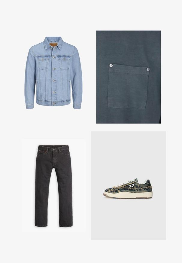 Chaqueta de mezclilla azul clara con cuello, cierre de botones, dos bolsillos en el pecho, bolsillos laterales y detalles cosidos a lo largo de las costuras.; Camiseta de algodón gris oscuro con un bolsillo en el pecho con un botón a presión plateado y una textura suave. Se pueden ver los detalles de las costuras alrededor del bolsillo.; Jeans de mezclilla negros de pierna recta con cinco bolsillos, cierre de botón y remaches de cobre, dispuestos en plano sobre un fondo blanco.; Zapatillas de algodón con textura deshilachada, acentos beige, cordones blancos y un diseño de perfil bajo. Presentan una suela de goma y un logotipo distintivo.