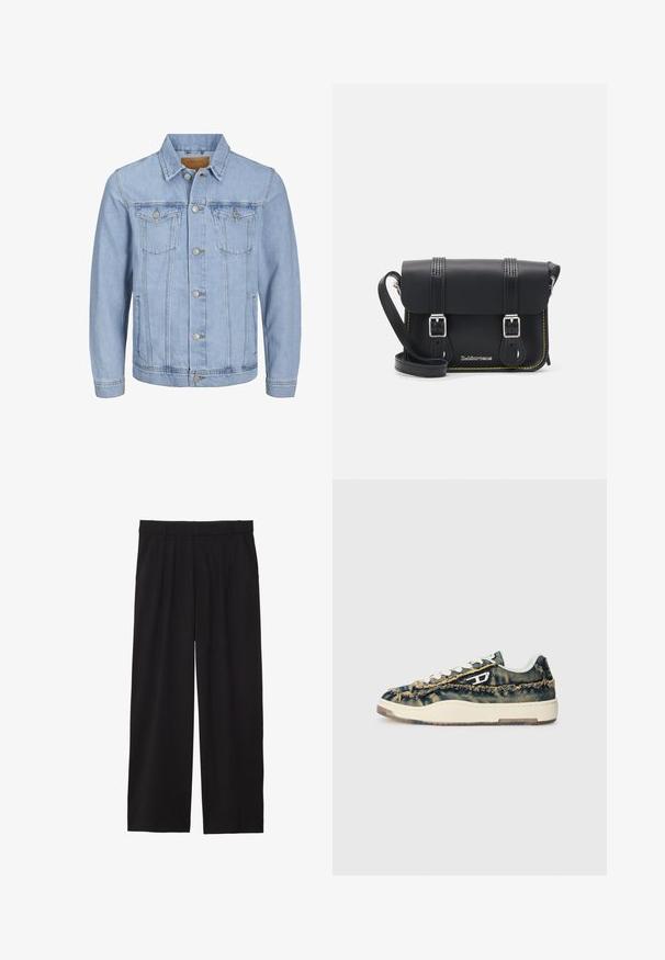 Svijetloplava traper jakna s ovratnikom, kopčanjem na dugmad, dva džepa na prsima, bočnim džepovima i šivanim detaljima duž šavova.; Temno siva bomba iz bombažne tkanine z žepom na prsih, ki ima srebrno pritiskačeno gumb in gladko teksturo. Šivi so vidni okoli žepa.; Črne široke hlače z nabranim sprednjim delom, stranskimi žepi in gladko teksturo tkanine. Oblikovane za sproščen kroj.; Denim superge z raztrganim teksturo, bež poudarki, belimi vezalkami in nizkim profilom. Imajo gumijast podplat in edinstven logotip.; Črna usnjena torba čez ramo s poklopcem, dvema srebrnima zaponkama, rumenim šivom in nastavljivim trakom. Ima gladko teksturo in kompaktno zasnovo.