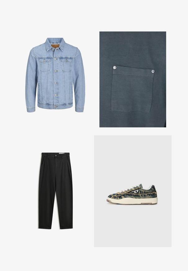 Giacca in denim azzurro chiaro con colletto, chiusura a bottoni, due tasche sul petto, tasche laterali e dettagli cuciti lungo le cuciture.; Maglietta in cotone grigio scuro con taschino sul petto dotato di un pulsante a pressione argentato e una texture liscia. I dettagli delle cuciture sono visibili attorno alla tasca.; Pantaloni in cotone neri con una vestibilità rilassata, dotati di una vita classica, pieghe frontali e tasche laterali. Tessuto liscio senza fantasie.; Sneaker in denim con una texture sfrangiata, accenti beige, lacci bianchi e un design a profilo basso. Presentano una suola in gomma e un logo distintivo.