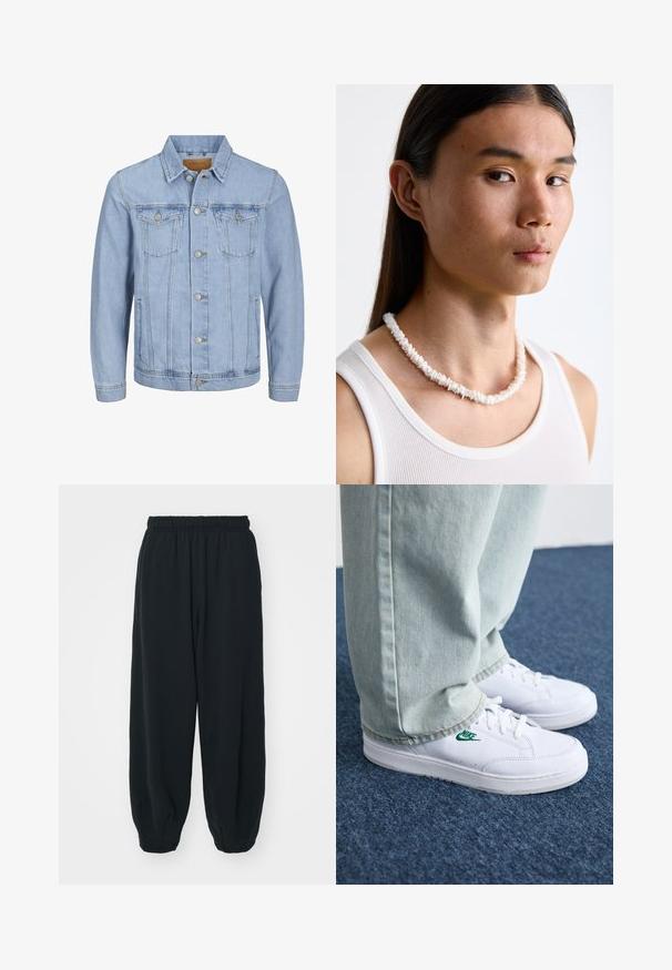 Light blue denim jacket with a collar, button closure, two chest pockets, side pockets, and stitched details along the seams.; Navy blue cotton t-shirt with short sleeves, featuring gold text "Carhartt University" and a logo patch on the left chest.; Black, elasticated-waist sweatpants with a loose fit, cuffed ankles, smooth texture, and no visible patterns or hardware accents.; White leather sneakers with green Nike logo, round toe, flat sole, paired with light blue denim pants, shown on a blue carpet.; White shell necklace composed of irregular shapes, worn over a fitted white tank top. Smooth texture with subtle sheen, close-fitting design.