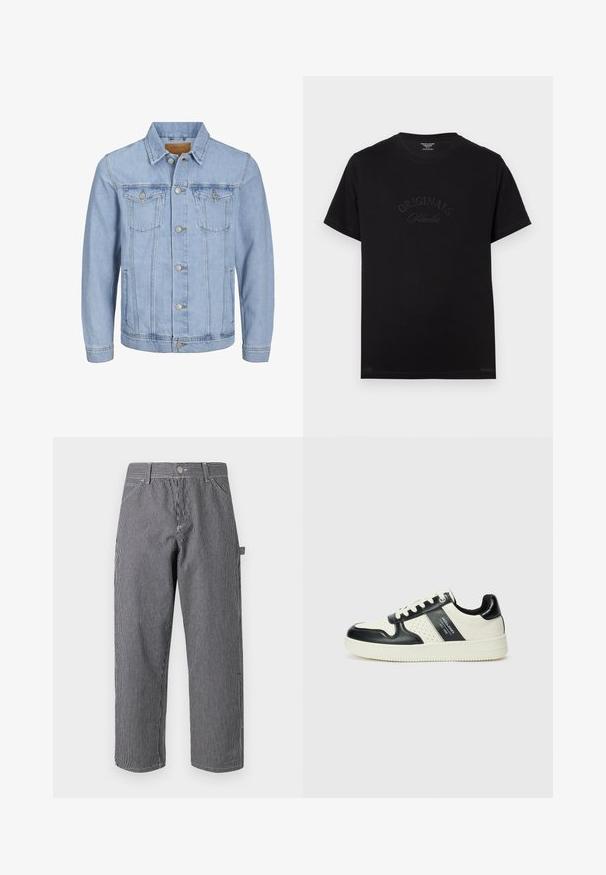 Chaqueta de mezclilla azul clara con cuello, cierre de botones, dos bolsillos en el pecho, bolsillos laterales y detalles cosidos a lo largo de las costuras.; Camiseta de algodón negra de manga corta y escote redondo. Presenta "ORIGINALS Studio" en relieve con letras a tono en el frente.; Pantalones a rayas hechos de una mezcla de algodón, con rayas verticales en blanco y negro, cierre de botón y diseño de bolsillos laterales.; Zapatillas de cuero con un esquema de colores negro y crema, que cuentan con acentos perforados, un collar acolchado y una suela texturizada.