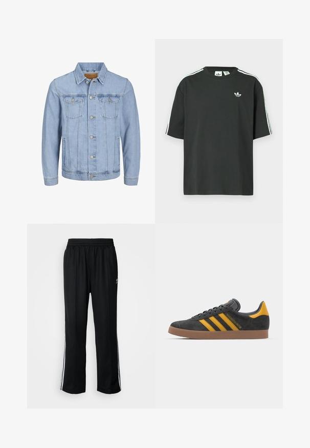 Light blue denim jacket with a collar, button closure, two chest pockets, side pockets, and stitched details along the seams.; Black cotton t-shirt with short sleeves, crew neckline, and white three-stripe detailing on shoulders. Features a small white logo on chest.; Black athletic pants with an elastic waistband, featuring white side stripes and a small logo. Material appears soft and lightweight.; Black suede sneaker with yellow accents, featuring three stripes and a brown rubber sole. Includes a padded tongue for comfort.