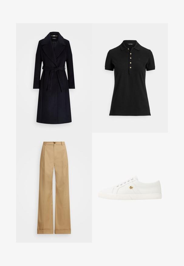 Casaco em mistura de lã azul-marinho com lapela ampla, cintura cingida, mangas longas e corte reto. Apresenta uma textura suave e detalhes mínimos.; Polo preta feita de tecido texturizado, com gola, mangas curtas e pala com botões dourados. Detalhe sutil do logótipo no peito.; Calças largas beje com fecho de botão, apresentando uma textura suave e pregas vincadas. Bainhas com punho para um detalhe adicional.; Lauren Ralph Lauren JANSON II CANVAS SNEAKER - Sapatilhas - optic white