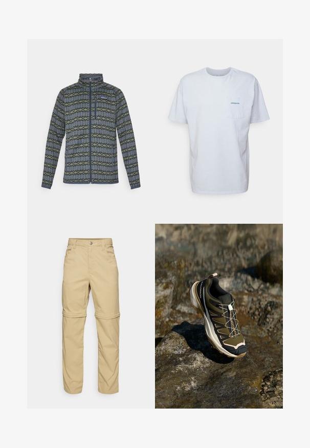 Pánská fleecová bunda na zip s geometrickým vzorem v modré, šedé a zelené barvě a kapsou na zip na hrudi, logo Patagonia na hrudi.; Bílá bavlněná tričko s krátkými rukávy, kulatým výstřihem a kapsou na levé straně hrudi, která má modré logo "Patagonia". Klasický střih s hladkou strukturou.; Béžové kalhoty se zipem, hladkého povrchu, s dvěma bočními kapsami, knoflíkovým zapínáním a ohrnovacími manžetami pro všestranné použití.; Trekové boty v olivově zelené a černé barvě s růžovými detaily. Mají texturovaný svršek, flexibilní podrážku, vyztuženou špičku a barevný systém šněrování.