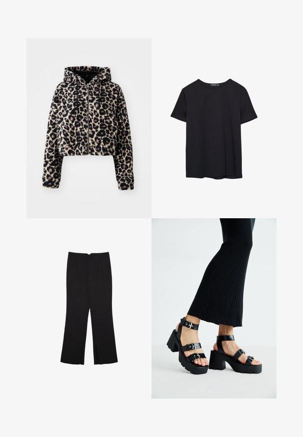 Przycięta, kapturowa kurtka z miękkiego sztucznego futra w jasnobeżowym kolorze z czarnymi łatkami w wzór lamparta. Posiada zamek błyskawiczny z przodu i sznurki do regulacji kaptura.; Prosta, krótko rękawowa czarna koszulka bawełniana z okrągłym dekoltem, prezentowana na białym tle.; Czarne spodnie o prostym kroju, z przednimi kieszeniami i bocznymi rozcięciami na dole. Wykonane z miękkiego, gładkiego materiału. Odpowiednie na różne okazje.; Czarne platformy na sandały z grubymi, żłobionymi podeszwami i wieloma paskami, z metalowymi klamrami i gładką, skórzano-podobną fakturą.
