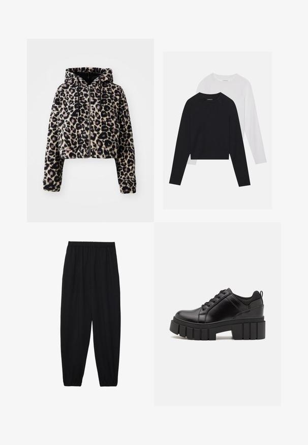 Krojena kapuljača od mekog umjetnog krzna s bež osnovnom bojom i crnim leopard mrljama. Ima patentni zatvarač sprijeda i vezice na kapuljači.; Dvije majice dugih rukava: jedna crna i jedna bijela. Obje imaju okrugli izrez, raglan rukave i mekani pamuk korišten za izradu.; Crne, lagane hlače s elastičnom stražnjom pasicom i naboranim gležnjevima. Tkanina je glatka i ima opušteni, suženi dizajn.; Crne kožne platforme s debelim blok-peta, okruglim prstima i klasičnim dizajnom vezanja. Imaju gladak tekstur i minimalne detalje.