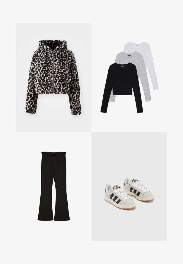 Geknipte, gewatteerde jas van zacht faux fur met een tan basis kleur en zwarte luipaardvlekken. Voorzien van een rits aan de voorkant en trekkoorden op de capuchon.; Drie langmouwige tops gestapeld: zwart, grijs en wit. Elke top heeft een ronde halslijn en een cropped ontwerp van soepel, lichtgewicht materiaal.; Zwarte flare leggings gemaakt van rekbaar materiaal. Beschikt over een brede tailleband en een zachte textuur, met een getailleerd silhouet dat uitloopt bij de zoom.; Grijze nubucklederen sneakers met witte veters, zwarte strepen en een witte rubberen zool. Bevat een rond logo op de tong en een gumzool.