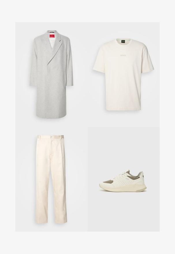 Pelēks vilnas maisījuma mētelis ar ielocītu apkakli, garām piedurknēm un vienu pogu aizdari. Iezīmēts ar kabatu un spilgti sarkanu etiķeti iekšpusē.; BOSS TEE - Pamata T-krekls - open white; Bežā krāsā auduma bikses ar taisnu kāju griezumu, pievienotām pogu aizdares un priekšējiem krokām papildu detaļām.; Baltas un gaiši bež sporta apavi, ar sieta augšdaļu, perforētiem detaļām un teksturētu vidusdaļu ar zīmolu uz papēža.
