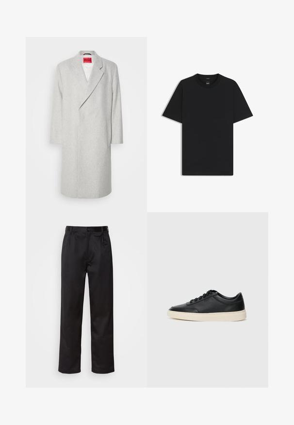 Grå uldblandingsfrakke med spidse klapkraver, lange ærmer og enkeltknapslukning. Har en klaplomme og et lyst rødt mærke indeni.; Sort kortærmet T-shirt lavet af en glat bomuldsblanding, med en rund halsudskæring og et minimalistisk design uden mønstre eller accenter.; Sorte bukser lavet af glat stof, med frontknaplukning, pressefolder og lige ben. Ingen synlige mønstre eller accenter.; Sort lavt top lædersneaker med sorte snørebånd og off-white sål vist i sideprofil på hvid baggrund.