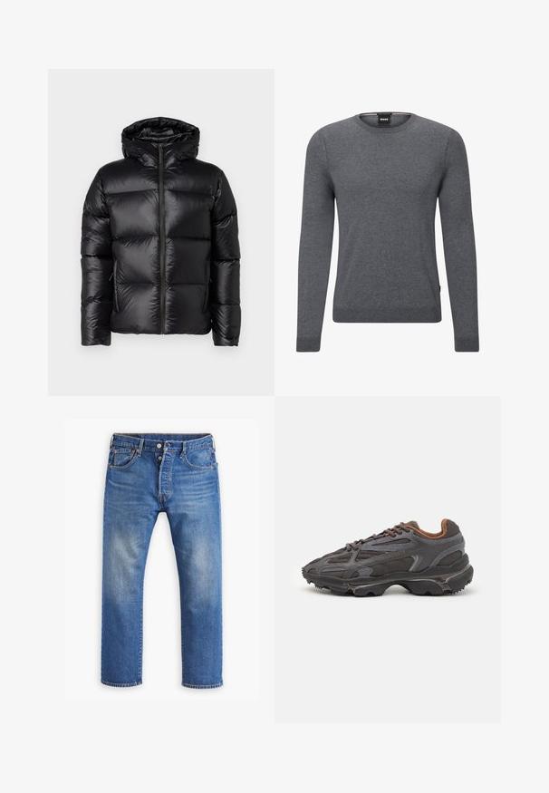 Belstaff RESOLVE czarny; Szary sweter z okrągłym dekoltem wykonany z miękkiej dzianiny. Ma długie rękawy, ściągacze przy mankietach i na dole oraz małą metkę z logo z boku.; Niebieskie dżinsy o prostym kroju nogawek, z widocznym wyblaknięciem, zapięcie na guzik i zamek błyskawiczny, pięć kieszeni i pomarańczowe wykończenia.; Sneakers Lacoste w ciemnoszarym kolorze, wykonane z siateczki i materiału syntetycznego, z teksturowaną podeszwą oraz brązowymi akcentami na kołnierzu i logotypie.