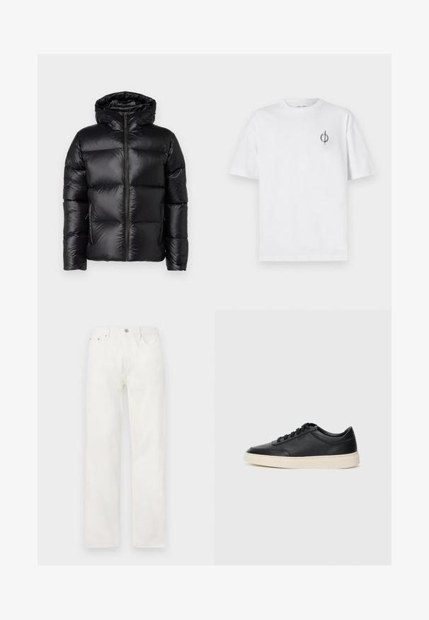 Belstaff RESOLVE JACKET - Pūkinė striukė - black; Balta medvilninė marškinė su laisvu siluetu, su mažą juodą grafiką logotipą kairėje krūtinės pusėje. Trumpomis rankovėmis, apvaliu kaklu.; Baltos džinsinės kelnės su tiesiu kojų siluetu, užsegimu su mygtuku ir užtrauktuku, penkių kišenių dizainu ir be matomų raštų ar akcentų.; Juoda žema viršutinė odinė sportbačiai su juodais raišteliais ir kreminiu padu, pateikti šoniniame profilyje ant baltos fono.