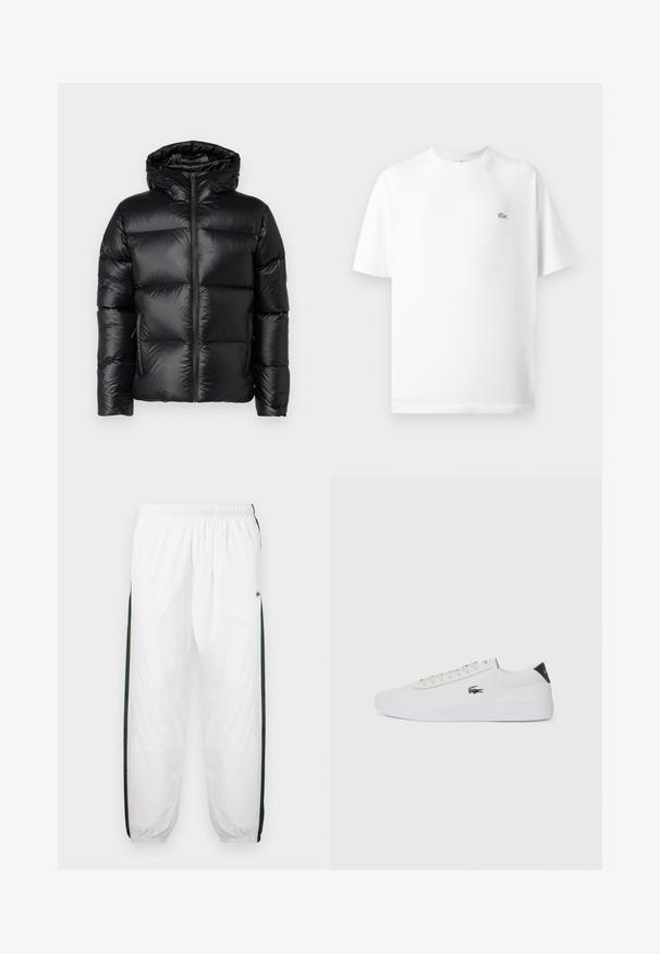 Belstaff RESOLVE JACKET - Jakna ispunjena paperjem - black; Bijela pamučna majica kratkih rukava s okruglim izrezom. Ima mali crni Lacoste logo na lijevoj strani prsnog koša.; Bijele trenirke s tamnozelenim bočnim trakama. Lagani materijal, elastičan pojas i manžetne na rubovima. Sadrže mrežastu teksturu na bočnim trakama.; Bijele kožne tenisice s okruglim vrhom, vezanjem sprijeda i crnim detaljem na peti. Imaju mali izvezeni logotip krokodila s bočne strane.