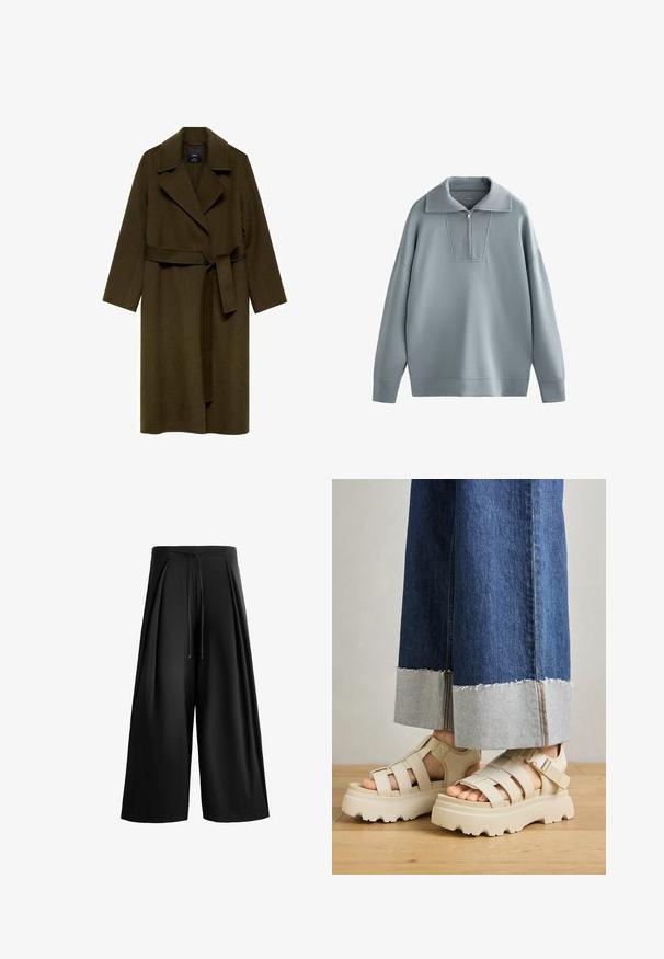 Olivovozelený vlnený kabát s šálovým golierom, dlhými rukávmi a opaskom v páse. Má rovný strih bez viditeľných zapínaní alebo vzorov.; Svetlo sivý pulover s polovičným zipsom, širokými rukávmi a textúrovaným panelom na pleciach. Vyrobený z mäkkej, hladkej látky s voľným strihom.; Čierne široké nohavice vyrobené z hladkej tkaniny, s elastickým pásom na šnúrku a skladaným predným detailom pre väčší objem a textúru.; Béžové platformové sandále s hrubými podrážkami majú pruhovaný dizajn a nastaviteľné popruhy okolo členka. Nosené sú s džínsovými nohavicami s širokými nohavicami, pri ktorých je jeden lem rozstrapkaný.