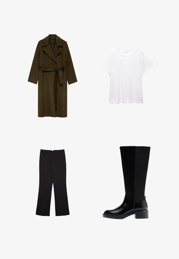 Oliivivihreä villakangas takki, jossa on huivi-kaulus, pitkät hihat ja vyötärölle sidottava vö. Takissa on suoraviivainen leikkaus ilman näkyviä kiinnityksiä tai kuvioita.; Valkoinen T-paita, joka on valmistettu pehmeästä ja kevyestä kankaasta. Omistaa pyöreän kaula-aukon ja lyhyet, leveät hihat rentoa istuvuutta varten. Ei näkyviä kuvioita.; Mustat housut suoralinjaisella leikkauksella, joissa on etutaskut ja sivurei'ät helman alla. Valmistettu pehmeästä ja sileästä kankaasta. Sopii eri tilaisuuksiin.; Musta polven korkeudelle ulottuva saapas, jossa on sileä nahkapinta, näkyvät saumat, mahtava korko ja teksturoitu takapaneeli lisäyksinä.