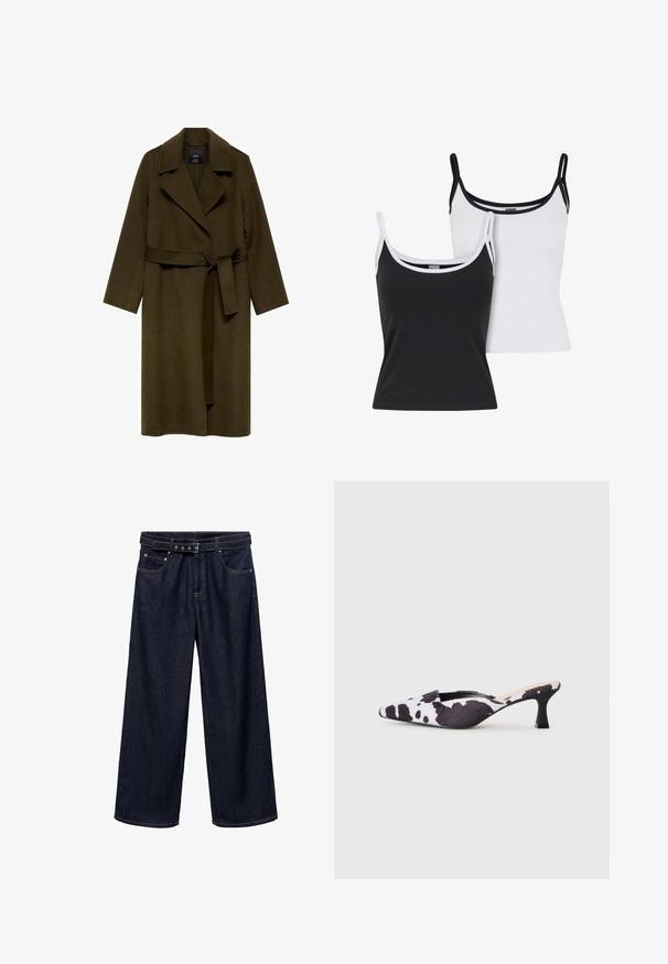 Olivovozelený vlnený kabát s šálovým golierom, dlhými rukávmi a opaskom v páse. Má rovný strih bez viditeľných zapínaní alebo vzorov.; Dve tielka v čiernej a bielej farbe. Vyrobené z jemného materiálu, s tenkými ramienkami a kontrastným lemovaním okolo výstrihu a otvorov pre rukávy.; Tmavomodré široké džínsy vyrobené z denimu. Majú pás s opaskom a viacerými gombíkmi, predné vrecká a čistý lem na okrajoch.; Sústredené lodičky s otvorenou pätou v čierno-bielom dizajne s kravskou potlačou. Textilný zvršok s textúrovaným povrchom a štíhly čierny podpätok.