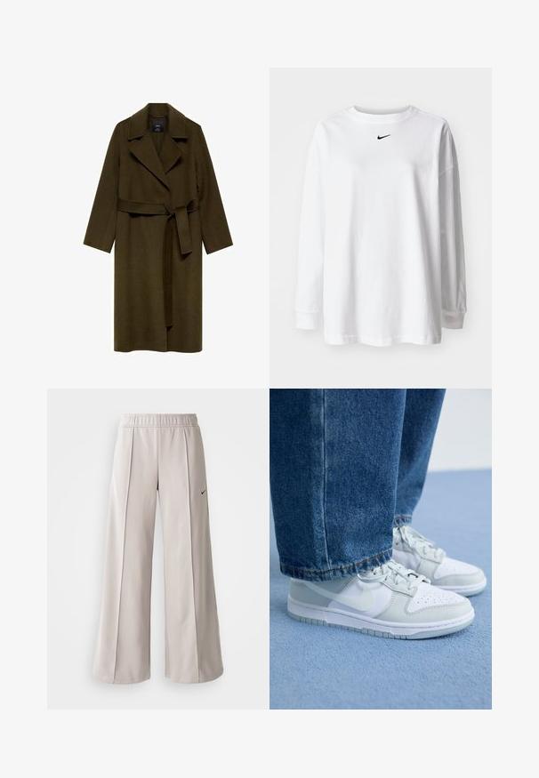Oliwkowy wełniany płaszcz z kołnierzem szalowym, długimi rękawami i paskiem w talii. Charakteryzuje się prostym krojem bez widocznych zapięć czy wzorów.; Biała longsleeve z bawełny, z okrągłym dekoltem i małym czarnym logo Nike na piersi. Prosty design, luźny krój.; Jasnoszare spodnie o szerokich nogawkach, wykonane z gładkiego materiału. Posiadają elastyczny pas i czarne logo Nike po lewej stronie.; Sneakers Nike w białej i jasnoszarej skórze, z perforowanym czubkiem, płaskimi sznurowadłami i gumową podeszwą, w zestawie z niebieskimi dżinsami.