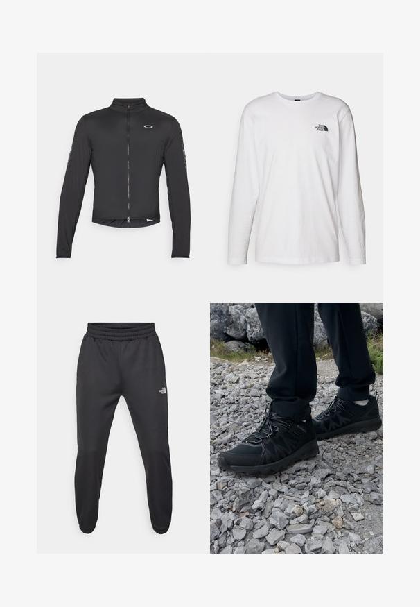 Svart langermet sykkeljakke med høy krage, hel glidelås foran og elastiske mansjetter. Har logo på brystet og trykte detaljer på ermene.; Hvit langermet T-skjorte laget av bomull med rund hals. Har en liten svart logo på brystet. Glatt tekstur, vanlig passform.; Sorte joggebukser med snor i livet, tettsittende passform, elastiske mansjetter og en liten hvit logo på venstre lår, laget av glatt materiale.; Sorte utendørssko i svart med mesh og syntetisk materiale, med en teksturert overdel, sikret snøresystem og en robust såle, på steinete terreng.