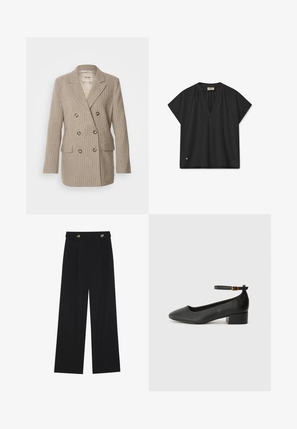 Mos Mosh ENYA BLAZER - Lühike jakk - light brown; Mustem lühikeste varrukatega pluus V-dekoltee ja õlavarre kogumise detailidega ning tagasihoidliku logo aktsendiga hemisel. Sile tekstuur.; Mustad laiad püksid kõrge vöökoha ja nööpdetailidega vööandil, esikortsudega.; Must mustaapp, millel on terav nina ja madal blokk-kand. Omab pahkluu rihma koos kuldse tooni pandlaga. Sile tekstuur.