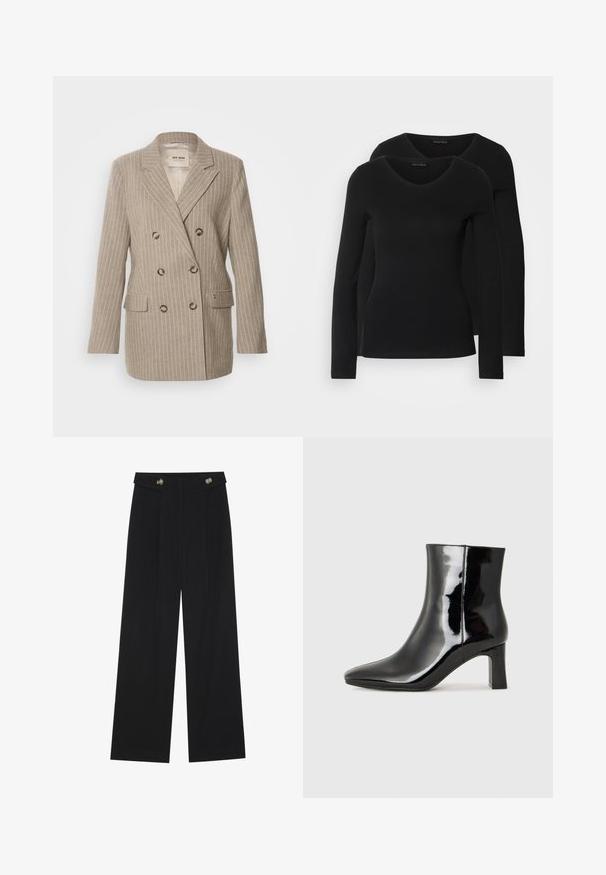 Mos Mosh ENYA BLAZER - Krátký kabát - light brown; Dvě černé dlouhé rukávy trička s výstřihem do V, vyrobené z měkkého, elastického materiálu, s hladkou texturou a přiléhavým střihem.; Černé široké kalhoty s vysokým pasem, detailní knoflíky na pase a přední záhyby.; Černé lakované kotníkové boty s špičatou špičkou a středně vysokým blokovým podpatkem. Hladká textura a minimalistický design.
