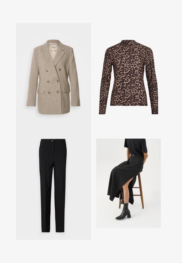 Mos Mosh ENYA BLAZER - Kort kåpe / frakk - light brown; Leopardmønster langermet topp med høy hals, laget av elastisk stoff. Har en beige bakgrunn med brune flekker. Glatt tekstur, tettsittende design.; Sorte skreddersydde bukser med rett bendesign, med knappelukking og beltehemper, laget av glatt stoff.; Svart lin maxi skjørt med høyt splitt, brukt med en svart t-skjorte og svarte ankelstøvler. Minimalistisk design med avslappet passform.