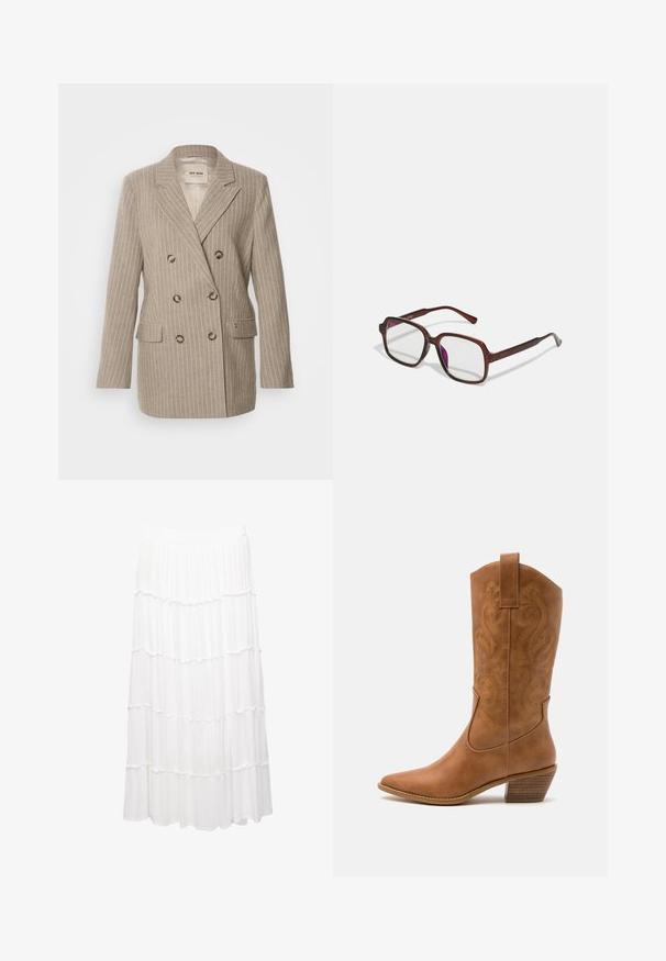 Mos Mosh ENYA BLAZER - Pitkä takki - light brown; Valkoinen lyhythihainen T-paita, joka on tehty puuvillasta. Siinä on pyöreä kaula-aukko ja rento malli. Silkkinen pinta ilman näkyviä kuvioita tai koristeita.; Valkoinen kerroksellinen hame, joka on valmistettu kevyestä kankaasta. Hameessa on joustava vyötärö, röyhelökerrokset ja virtaava muotoilu, joka ulottuu polven puoliväliin.; Ruskean nahkainen cowboy-saapas, jossa on terävä kärki, brodeeratut pyörteiset kuviot varressa ja kerroslohko korko. Varustettu nostonipulla helpottamaan pukemista.; Ruske, rektangulære briller med transparente linser og lilla toner. Glatt plastisk ramme med rette stenger og subtile detaljer.; Ruskea keinonahkainen olkalaukku, jossa on kaareva muoto, minimaalinen ompelu ja kultasävyinen varuste. Varustettu ylhäältä avautuvalla vetoketjullisella suljennalla ja säädettävällä hihnalla.