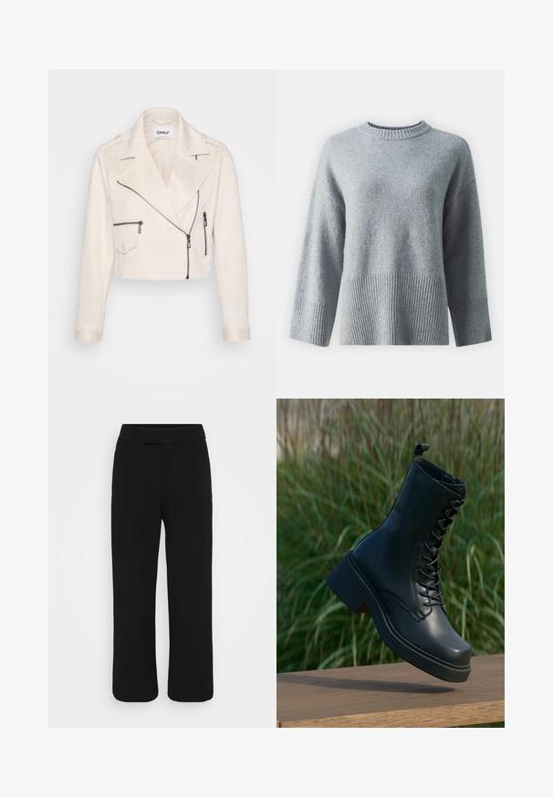 Krém színű műsuede rövid kabát, átlós cipzárral, vállpántokkal és két cipzáras elülső zsebbel. Ezüst színű kiegészítők.; Szürke pulóver, kerek nyakkivágással, texturált bordás szegéllyel és mandzsettával, puha anyagból, sima felülettel.; Fekete, bőszárú nadrág sima anyagból, lapos elülső résszel, övhurkokkal és látható zsebek nélkül. Tiszta, igényesen szabott dizájn.; Fekete bőrből készült bokacsizma, kerek orral, fűzős elejével és vastag, tömzsi sarkával. Jellemzője a részletes varrás és a sima felület.