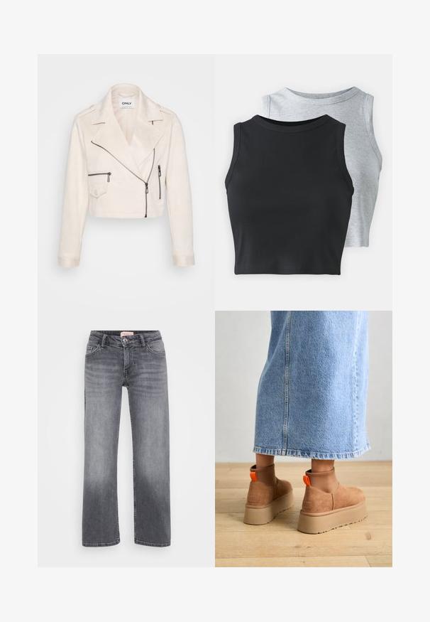 Kreminė dirbtinė zamšos trumpa striukė su įstrižiniu užtrauktuku, peties epauletėmis ir dviem užtrauktukiniais priekiniais kišenėmis. Sidabro spalvos detalių akcentai.; Even&Odd Petite 2 PACK - Viršus - light grey/black; Pilki džinsai su tiesiais džinsinių kojų dizainu, penkių kišenių stiliumi, subtiliu išblukimu ir sagčių uždarymu ties juosmeniu.; Rudos zomšiniai platforminiai batai su elastingomis šoniniais panirais ir oranžinėmis kilpomis, derinami su kelio ilgio šviesių džinsų sijonu ant medinių grindų.