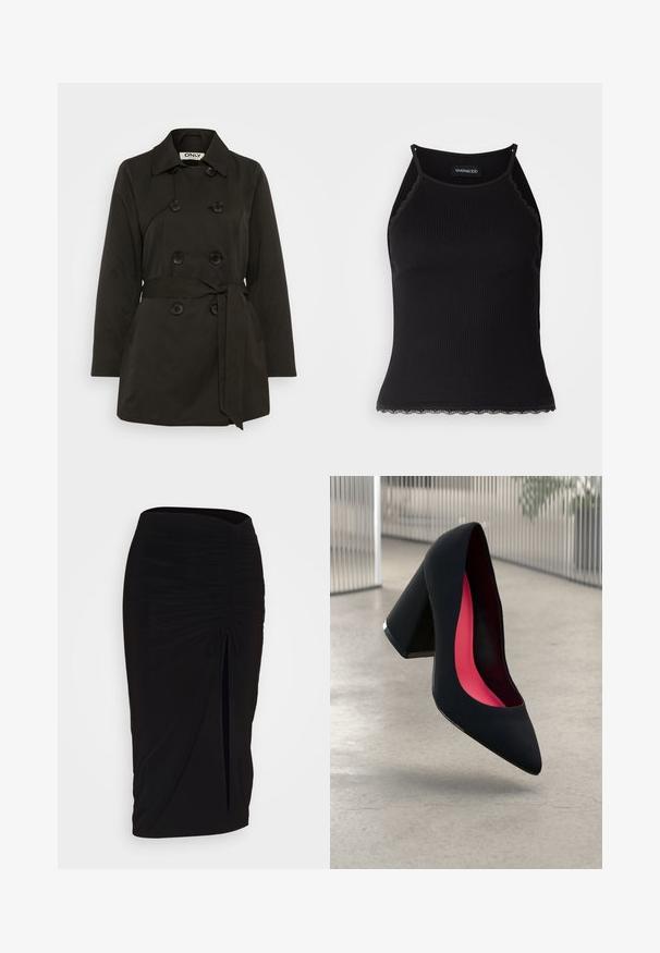 Črn dvoredni trench plašč z pasom, z klasičnim ovratnikom in gumbnimi detajli. Izdelan iz gladkega blaga z stranskimi žepi.; Črn rebrast top brez rokavov z valovitimi čipkastimi robovi na dnu. Ima tanke naramnice in oprijet kroj. Narejen je iz raztegljivega materiala.; Črna, nabrana svinčnik krilo z detajlom v obliki traku in stranskim razporkom. Narejeno iz raztegljive tkanine, ki se ponaša z gladko teksturo in oblikovanjem, ki se prilega telesu.; Črne visoke petke z nazobčanim prstom, teksturirano površino in živahnimi rožnatimi notranjimi deli. Imajo robustno peto z srebrnim akcentom.