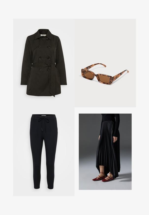 Melna divkrūšu tranšejas mētelis ar jostu, kuram ir klasiskā apkakle un pogu akcenti. Izgatavots no gludas auduma ar sānu kabatām.; Even&Odd Petite 3 PACK - Tops ar garām piedurknēm - black/white/light green; Melnas šauras bikses izgatavotas no elastīga materiāla, ar auklu jostu, divām priekšējām krokām un gludu tekstūru.; Melna plisēta kleita ar augstu priekšpusi un zemāku aizmuguri, saskaņota ar spīdīgām sarkānām dzīvokļa kurpēm ar siksnu dizainu. Audumam ir gluda tekstūra.; Tortoiseshell saulesbrilles ar taisnstūrveida brūniem stikliem, biezs rāmis un plānas kājas ar dažādu brūnu toņu rakstu.