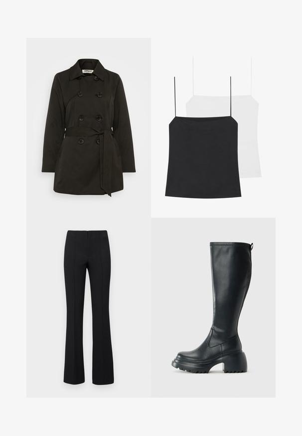 Fekete, dupla breasted esőkabát, övvel, klasszikus gallérral és gombos díszítéssel. Simább anyagból készült, oldalsó zsebekkel.; Két camisole top látható: egy fekete és egy fehér. Mindkettő vékony pántokkal és testhez simuló kialakítással rendelkezik, sima, rugalmas anyagból készültek.; Fekete, bővülő szárú nadrág, bordázott textúrával és testhezálló derékkal. A dizájn függőleges varratokat tartalmaz, amelyek karcsúsított megjelenést kölcsönöznek. Nincs látható fémrész.; Magas fekete bőrcipő, vastag platform talppal és blokk sarokkal, húzófüllel és texturált profillal az outsole-on.