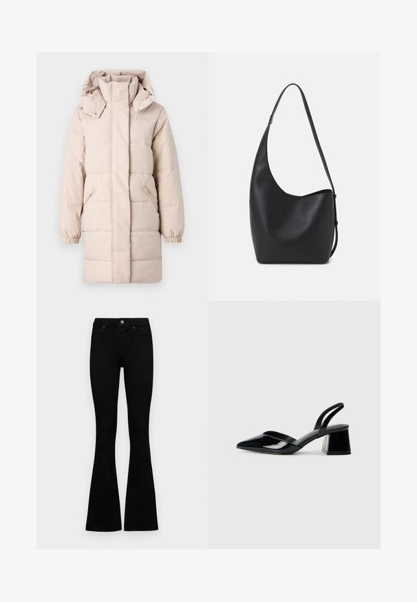 Beige puffjakke med høy krage og avtakbar hette. Har sidelommer med glidelås og elastiske mansjetter. Glatt tekstur, quiltet design.; Svart t-skjorte med korte ermer og rund hals, laget av mykt bomullsstoff. Enkelt design, ingen synlige logoer eller mønstre.; Sorte høytlivsjeans med knapp og glidelås, frontlommer og utsvingte bein liggende flatt på en hvit bakgrunn.; Svarte patentlær slingback hæler med spiss tå og geometrisk blokk hæl. Har et stilrent, minimalistisk design og jevn tekstur.; Svart lær hobo-veske med glatt tekstur, buet form og enkelt justerbart stropp; har en bred åpning på toppen.