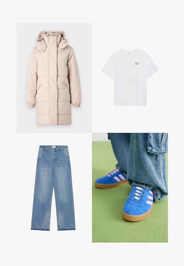 Béžová péřová bunda s vysokým límcem a odnímatelnou kapucí. Obsahuje postranní zipové kapsy a elastické manžety. Hladký povrch, prošívaný design.; Even&Odd Triko s potiskem - white; Světle modré džíny s vysokým pasem, širokým střihem, zapínáním na knoflík, předními kapsami, poutky na opasek a jemným vybledlým detailem.; Modré semišové boty s růžovými pruhy a bílými tkaničkami, vybavené gumovou podrážkou, spárované s volnými džínovými kalhotami na zeleném povrchu.