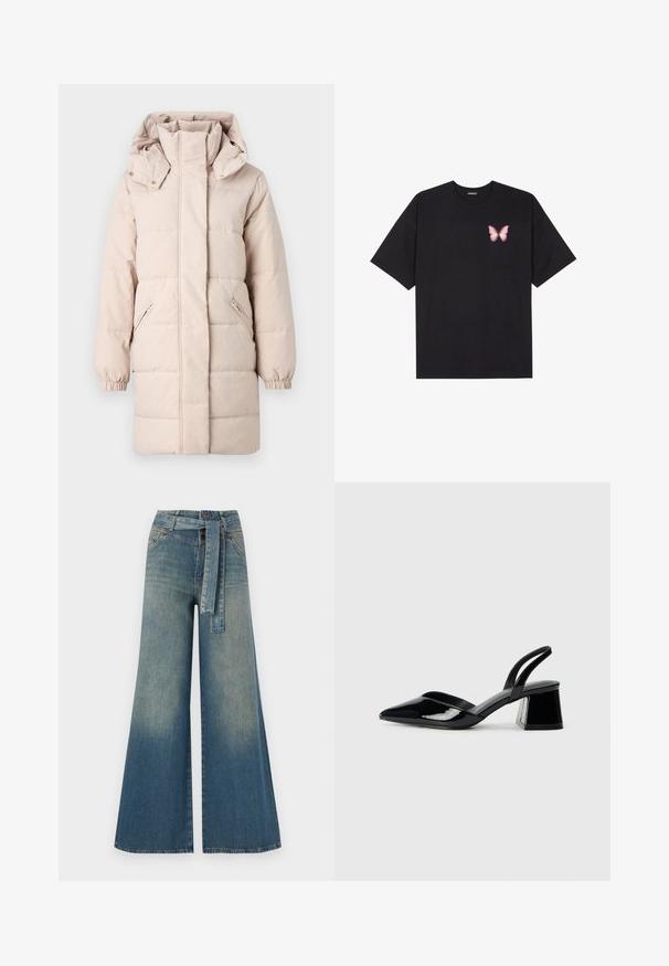 Vaaleanbeige puffatakkia, jossa on korkea kaulus ja irrotettava huppu. Varustettu sivuilla vetoketjullisilla taskuilla ja elastisilla hihoilla. Silkkinen pinta, tikattu muotoilu.; Musta puuvillapaita lyhyillä hihoilla, jossa on pieni vaaleanpunainen perhosgrafiikka vasemmassa rinnassa. Pyöreä kaula-aukko ja rento istuvuus.; Yksiväriset farkut leveällä lahkeella, joissa on vaaleasta tummansiniseen häipyvä väri, korkea vyötärö, vyölenkit ja yhteensopiva kangasvyö. Rakennefarkkujen pinta.; Mustat patentoitu nahkakengät, joissa on säären takaosa ja terävä kärki, sekä geometrinen palikkakorko. Sisältää tyylikkään, minimalistisen muotoilun ja sileän pinnan.