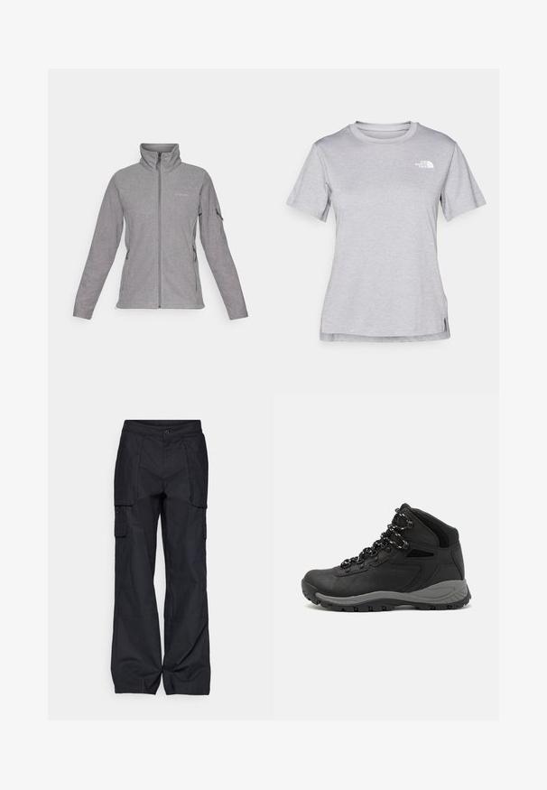 Siva flis bunda z visokim ovratnikom, sprednjim zadrgo in dvema stranskima žepoma. Vsebuje logo na levem prsnem delu in subtilne šive.; Siva kratka majica s kratkimi rokavi, izdelana iz mehkega, vlago odvračajočega materiala. Ima okroglo izrez in majhen bel logotip na zgornji levi strani.; Columbia BREA FALLS™ COTTON RIPSTOP PANT - Hlače za na prostem - black; Črne pohodniške čevlje z srednje visokim dizajnom, ki imajo teksturirano zgornji del, sivi dodatki in vzdržljiv gumen podplat s protizdrsnimi izboklinami.