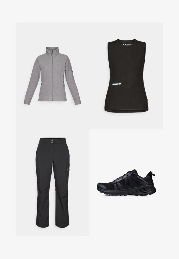 Γκρίζα φλις ζακέτα με ψηλό γιακά, μπροστινό φερμουάρ και δύο πλάγιες τσέπες. Διαθέτει λογότυπο στη αριστερή πλευρά του στήθους και διακριτές ραφές.; Μαύρη αμάνικη μπλούζα με υφή, που διαθέτει στρογγυλή λαιμόκοψη και λογότυπο "MAMMUT" μπροστά. Φτιαγμένη από αναπνεύσιμο υλικό.; Μαύρα εξωτερικά παντελόνια με ίσια γραμμή, που διαθέτουν κλείσιμο με κουμπί, φερμουάρ στις πλαϊνές τσέπες και λογότυπο στη δεξιά μηριαία περιοχή.; Μαύρο αθλητικό παπούτσι τρεξίματος με πλέγμα στο άνω μέρος και γόμα στη σόλα. Διαθέτει υφασμάτινες επενδύσεις, ενισχυμένο καπάκι στα δάχτυλα και λογότυπο της μάρκας στη φτέρνα.