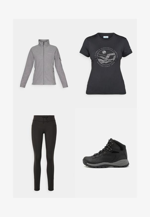 Hall inimesed, kõrge kaelusega hall fliisjakker, mis on varustatud esikäe tõmblukuga ja kahe küljetaskuga. Omab logo vasakul rinnal ning delikaatseid õmblusi.; Musternine Columbia T-särk mustas värvuses, millel on valge ümmargune mägi ja jõe joonistus ning tekst "Columbia Sportswear Company Outside Since 1938."; Mustad kõrge vöökohtadega mustad retuusid, paelaga, sileda tekstuuri ja sobiva disainiga. Külgedel on õmblusdetailid.; Mustarjaline matkasaabas, millel on keskmine disain, tekstuuriga ülemine osa, hallid aktsendid ja vastupidav kummist põhi, millel on haardelugesid.