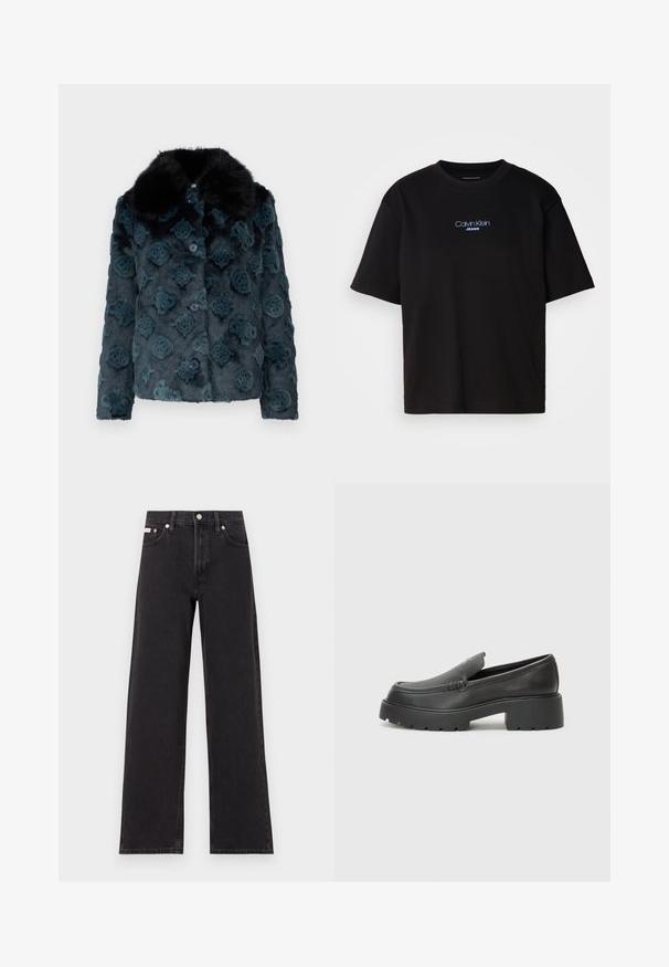 Umělecký kabát z umělé kožešiny v tmavě tyrkysové barvě s vzorovanou texturou, doplněný černým kožešinovým límcem a modrými knoflíky. Zkrácený střih s dlouhými rukávy.; Čierne bavlnené tričko s okrúhlym výstrihom, krátkymi rukávmi a modrým vyšívaným logom "Calvin Klein JEANS" na prednej strane.; Čierne široké džínsy vyrobené z denimu, s vysokým pásom, piatimi vreckami a kovovým zapínaním s kontrastným šitím.; Čierne kožené mokasíny s okrúhlou špičkou, hrubou textúrovanou podrážkou a minimom stehovej výzdoby. Štíhly dizajn bez viditeľných šnúr alebo kovania.