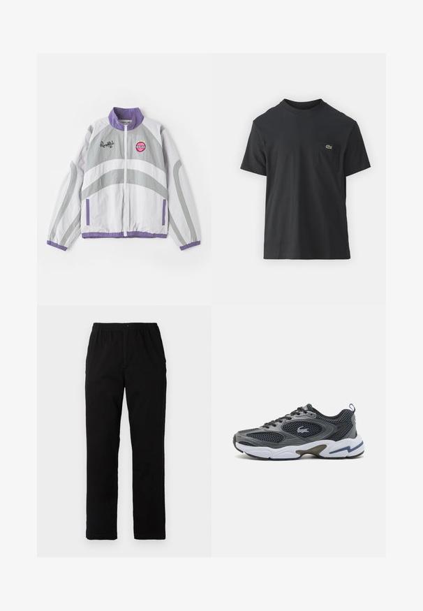 Kidsuper RONALDINHO - Windjack - gray; Zwarte katoenen t-shirt met korte mouwen, ronde halslijn en een klein groen logo op de linkerkant van de borstzak. Eenvoudig ontwerp, normale pasvorm.; Zwarte broek van een katoenmix, met een rechte snit, een elastische tailleband met knoop en zonder zichtbare patronen of accenten.; Grijze sport sneaker met een bovenwerk van mesh, vetersluiting, gemodelleerde tussenzool en witte buitenzool met blauwe accenten en logo op de zijkant.