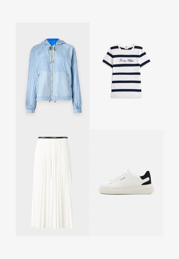 Niebieska i biała w paski lekkie kurtka z kapturem, zamek błyskawiczny z przodu, boczne kieszenie oraz elastyczne mankiety na rękawach i u dołu.; Bawełniana koszulka z poziomymi granatowymi paskami na białym tle. "Tommy Hilfiger" wyszyte kursywą na klatce piersiowej. Okrągły dekolt.; Plisowana biała spódnica z czarnym elastycznym pasem z logo "LACOSTE". Średniej długości, o miękkiej teksturze.; Białe skórzane sneakersy z grubą białą podeszwą, czarnym zamszowym akcentem na pięcie oraz wytłoczonym logotypem z boku. Projekt z sznurówkami i sześcioma dziurkami.